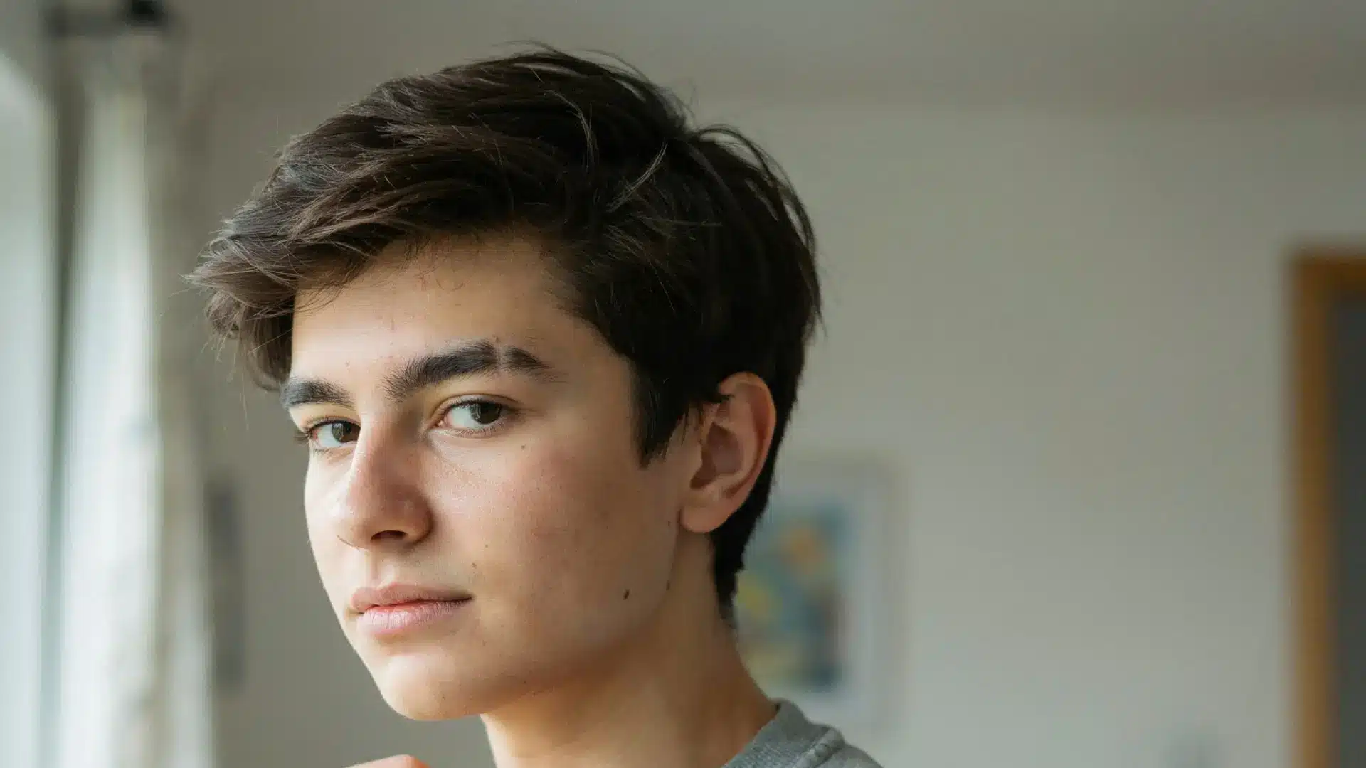 person with a single eyebrow slit and natural groomed brows in soft studio lighting
