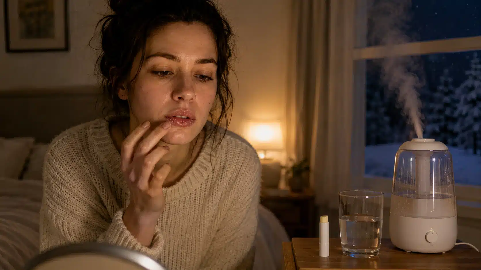 person with recurring chapped lips beside balm, water, and humidifier in a dry bedroom setting