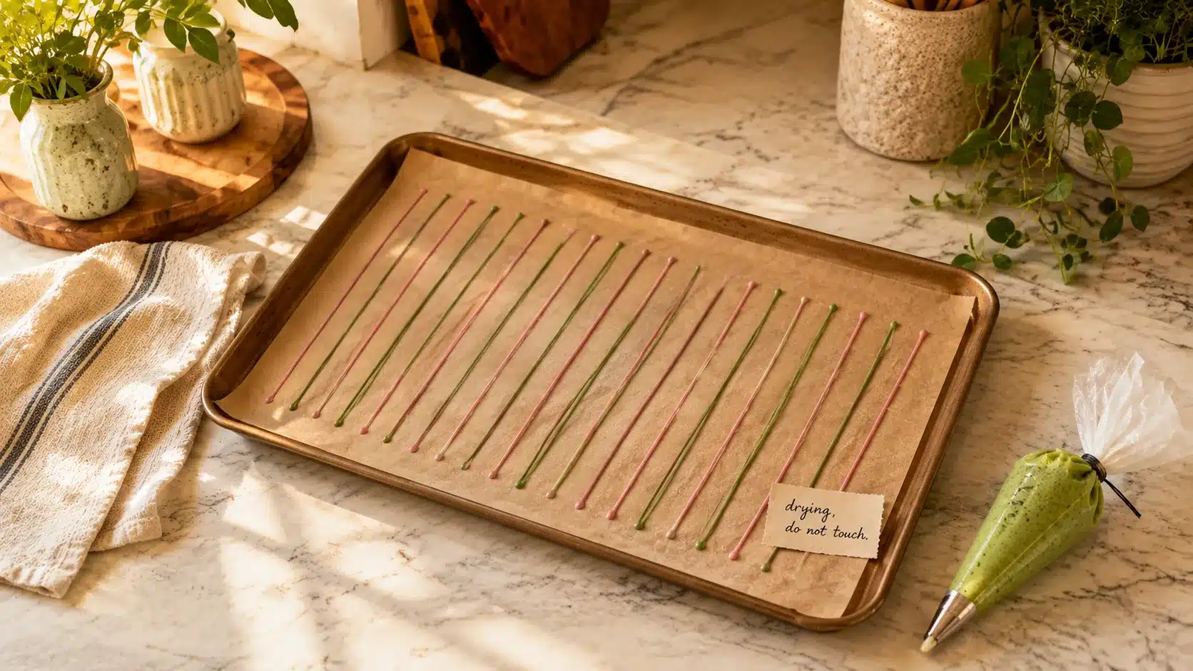 pink and green icing lines dry on a parchment-lined tray for homemade sprinkles beside a piping bag in warm sunlight