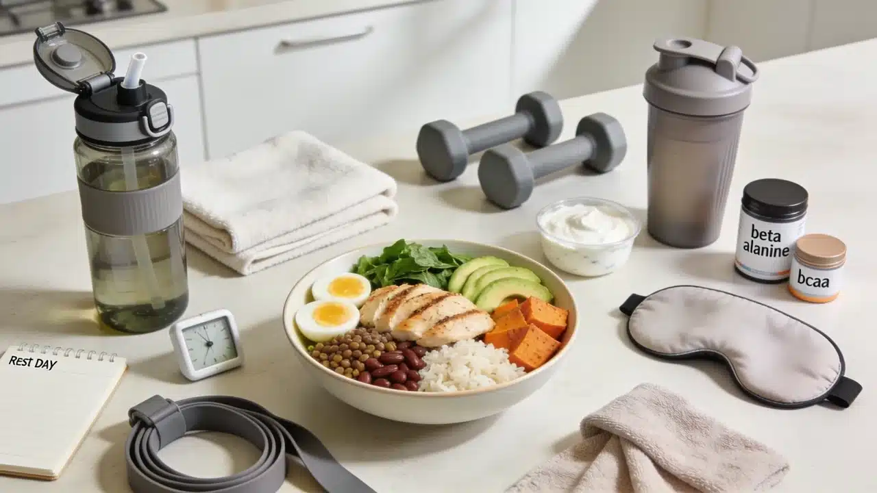 protein meal water shaker dumbbells and recovery items showing simple alternatives to creatine routine