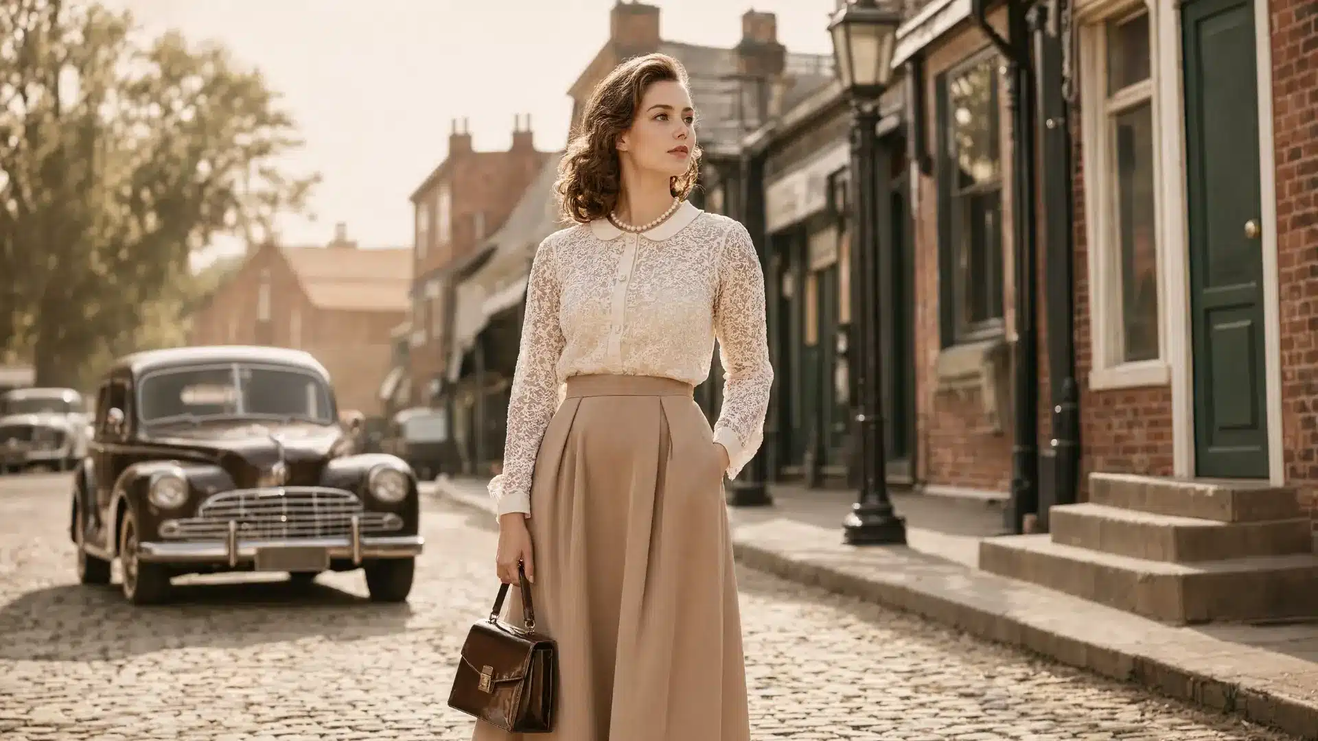 realistic fashion photo of American woman in vintage outfit with pearls, lace blouse, and retro handbag