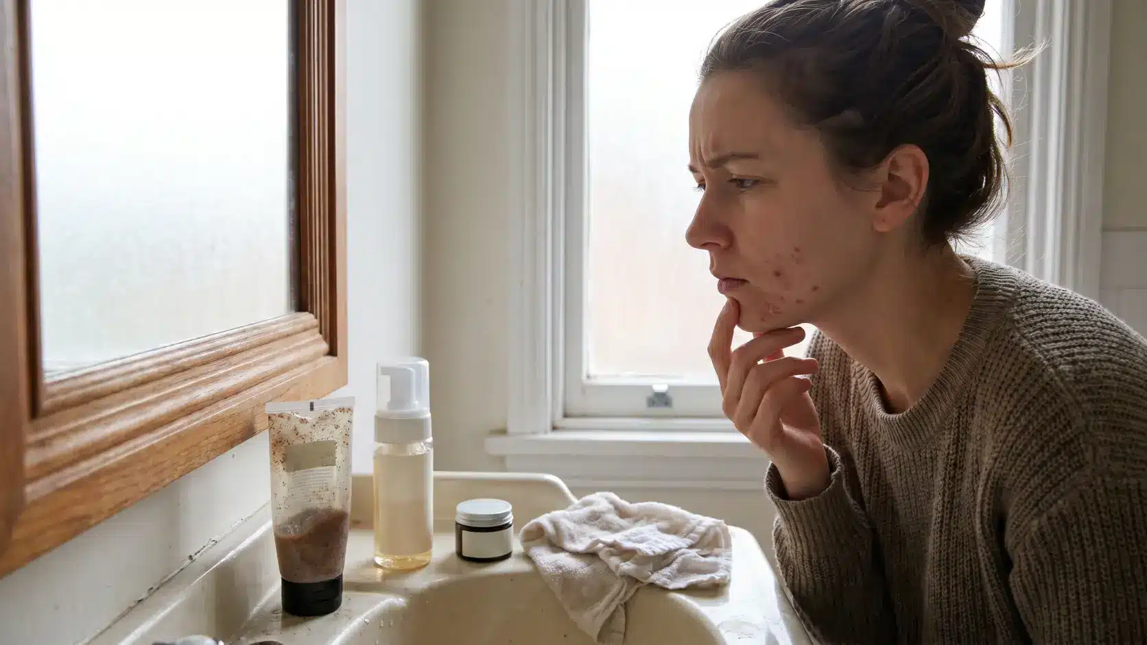 recurring pimples on dry irritated skin near skincare products showing why breakouts keep coming back