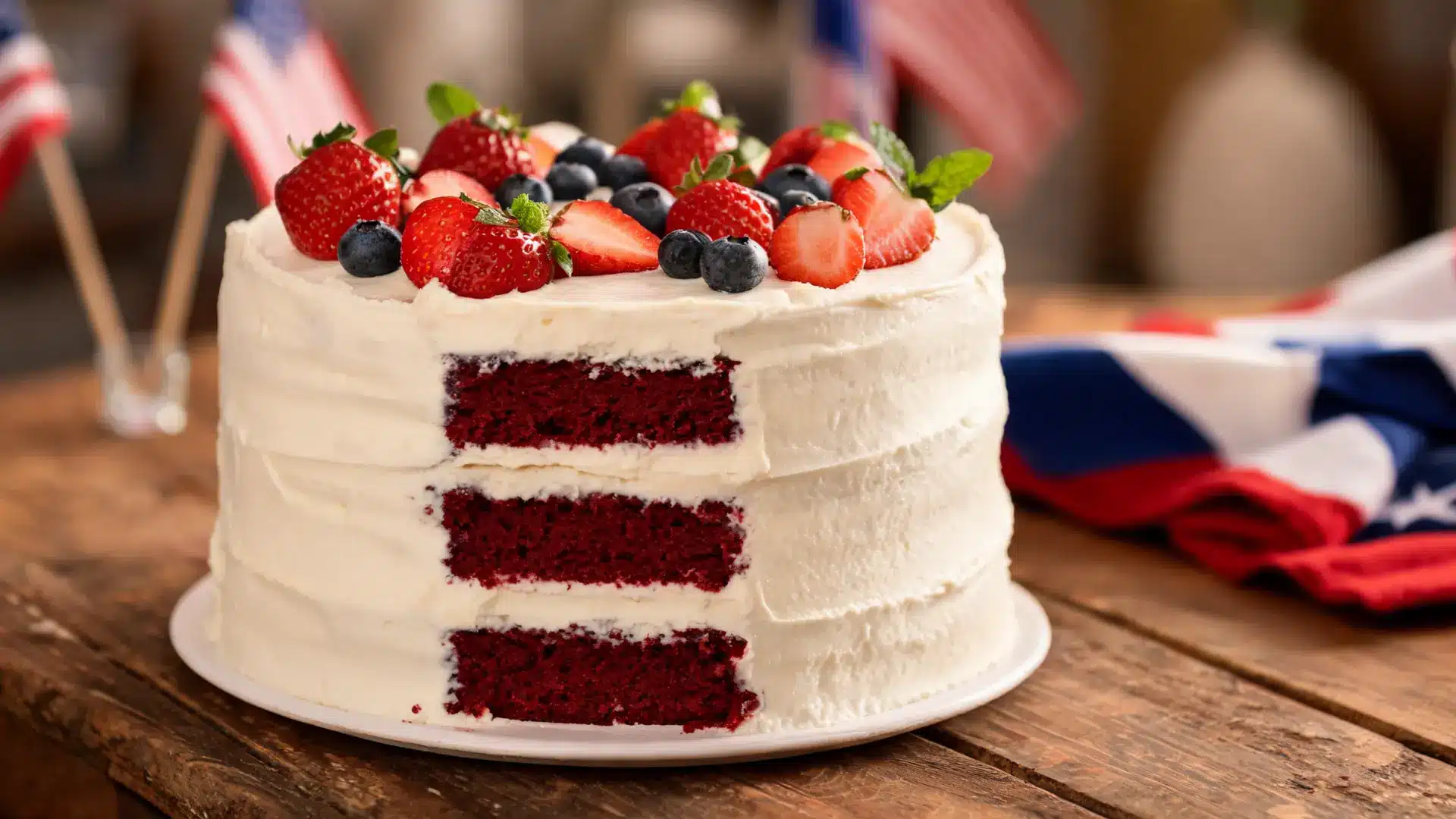 red velvet patriotic cake with white frosting and berries on top festive dessert table