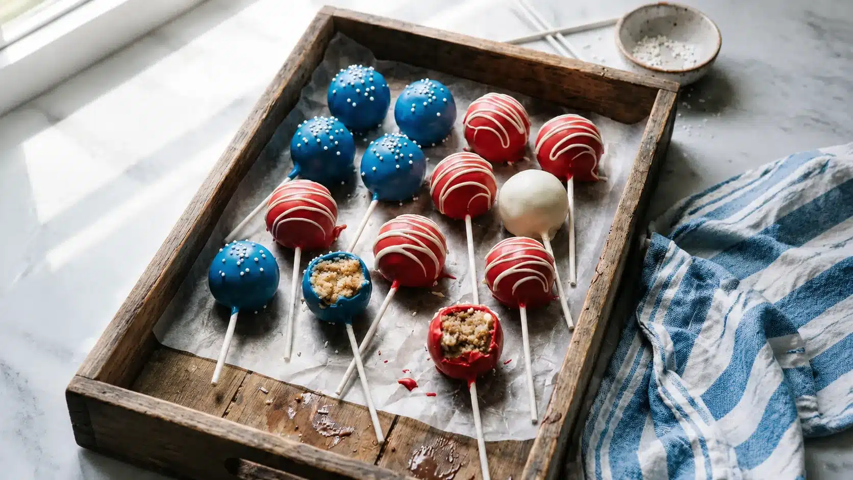 Red, white, and blue cake pops on a wooden tray