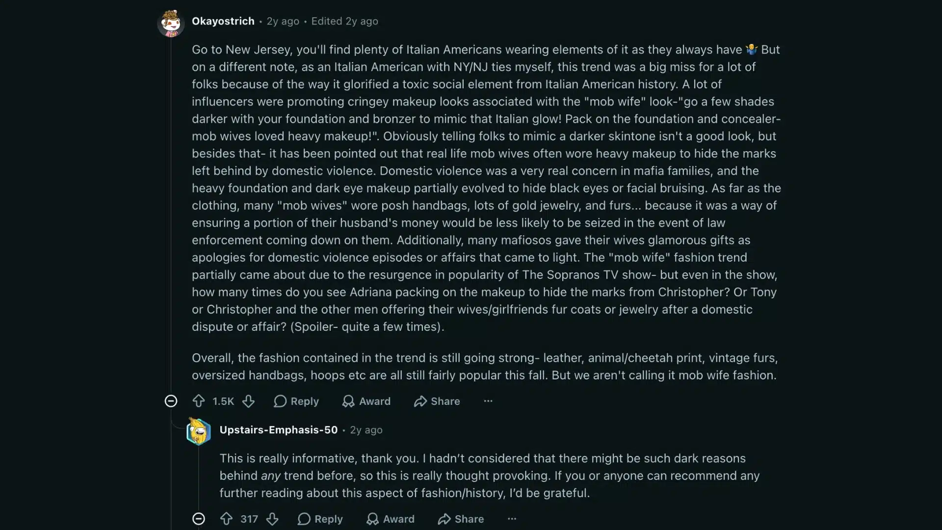 reddit comment discussing cultural concerns and real style elements behind the mob wife aesthetic trend