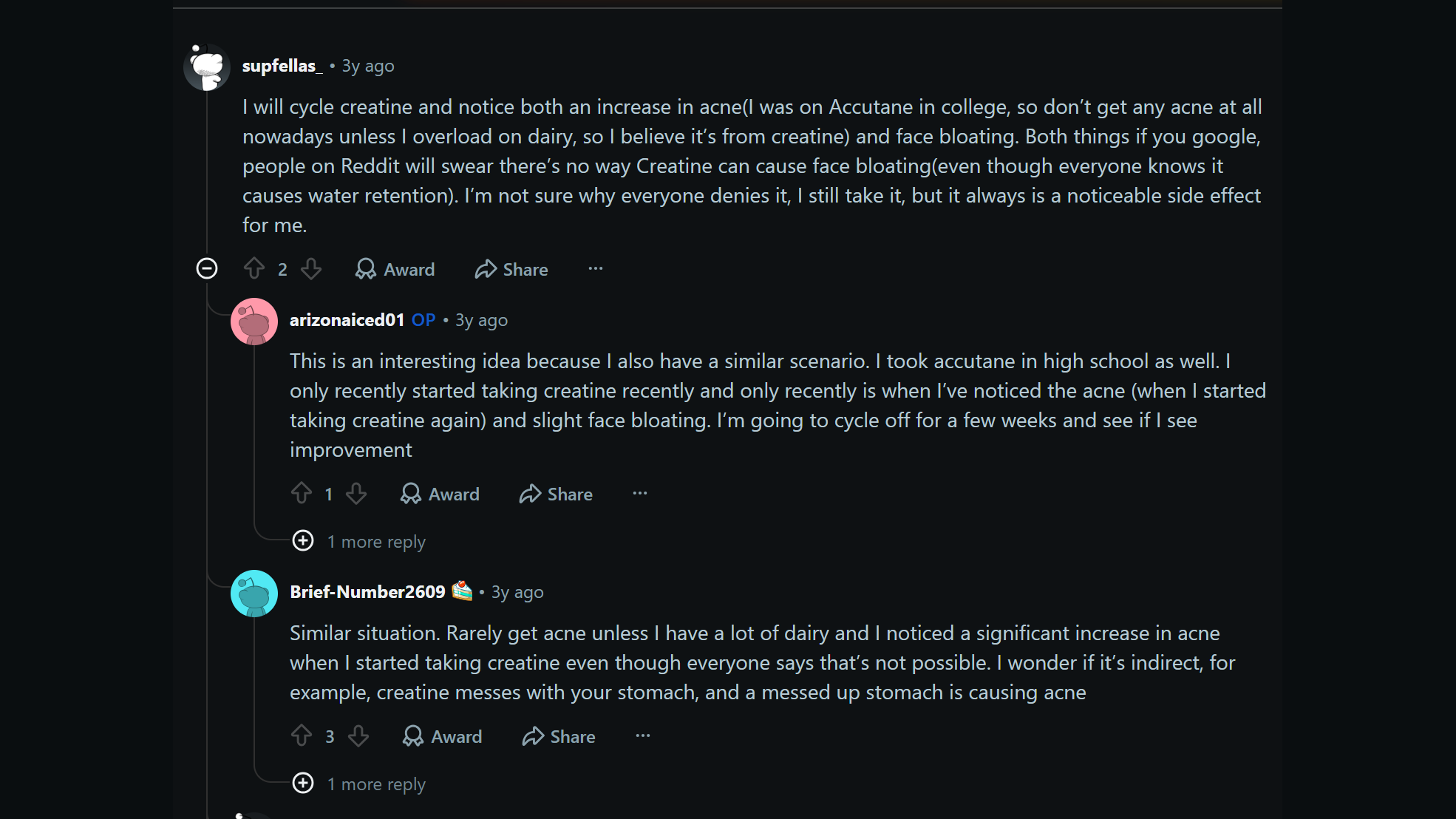 reddit comments about creatine acne and mixed user experiences