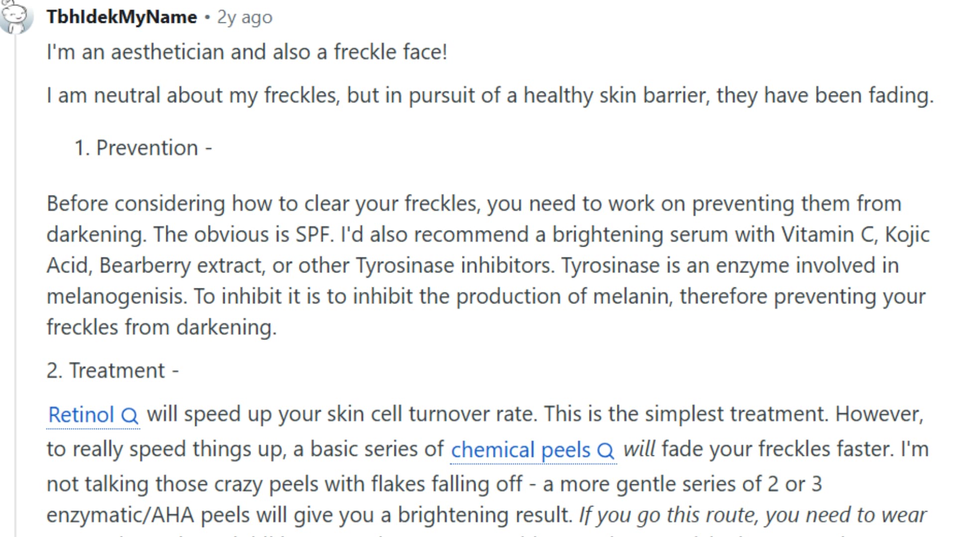 reddit discussion on freckle care and skin brightening treatments with spf and skincare tips