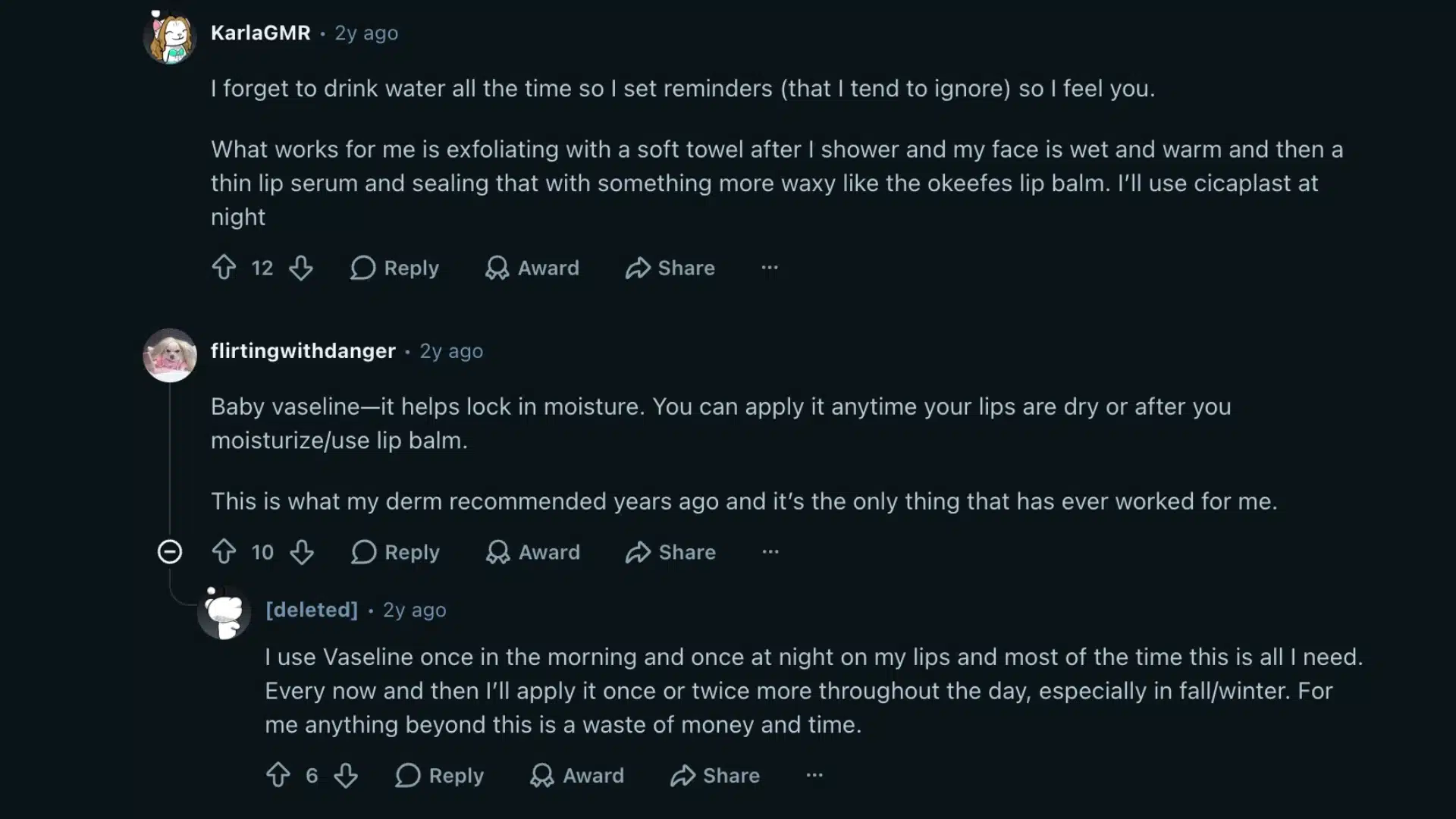 reddit thread about chapped lips with replies discussing water vaseline lip balm and peeling
