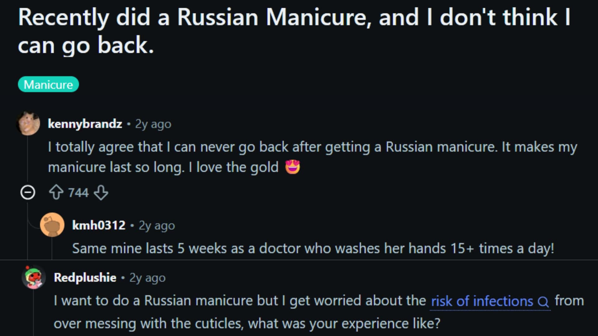 reddit thread discussing russian manicure longevity and safety concerns about cuticle cutting and infection risk