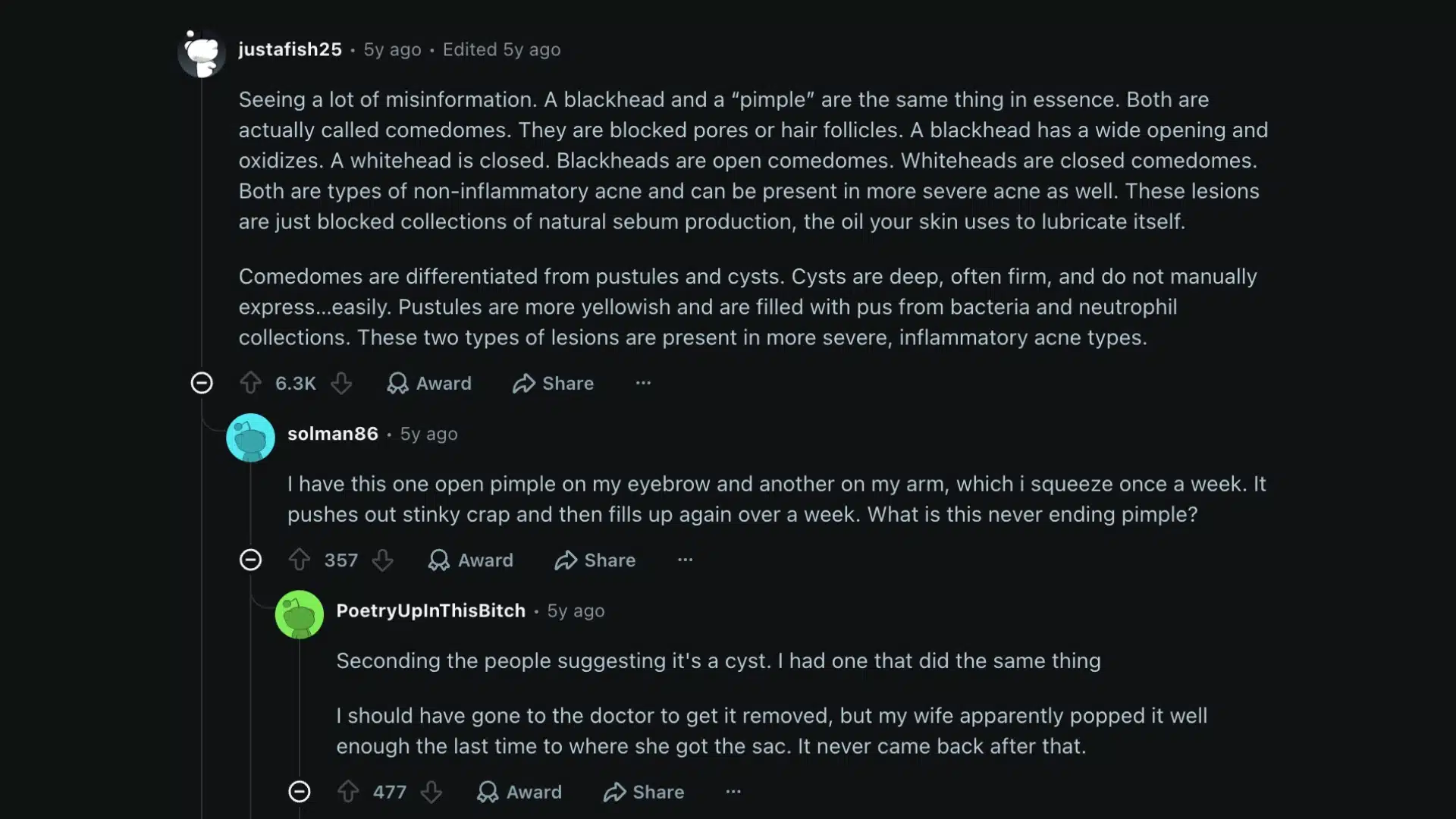 reddit thread explaining common confusion about blackheads, whiteheads, pimples, pustules, and cysts