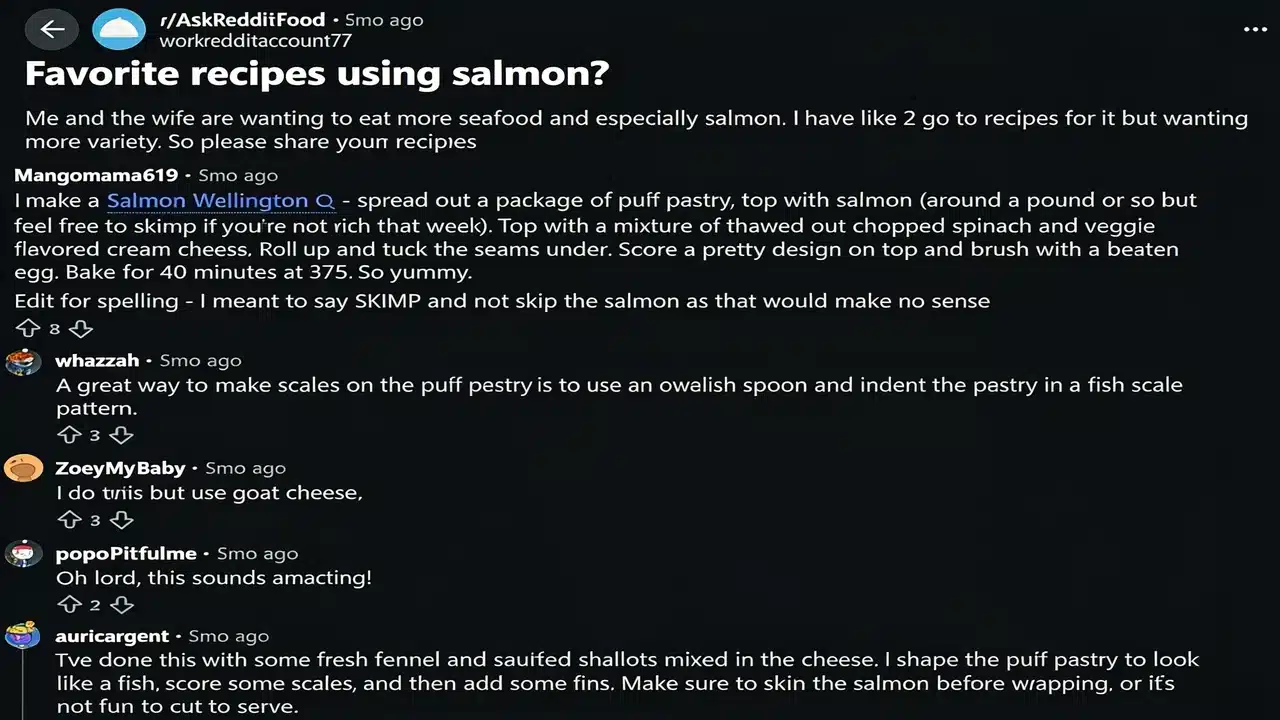 reddit thread showing favorite salmon recipes with salmon wellington comments and cooking tips