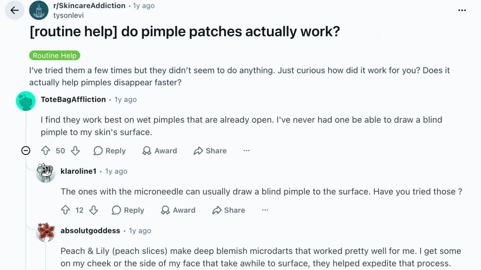 reddit thread discussing if pimple patches work, with comments about wet pimples, blind pimples, and microneedle patch