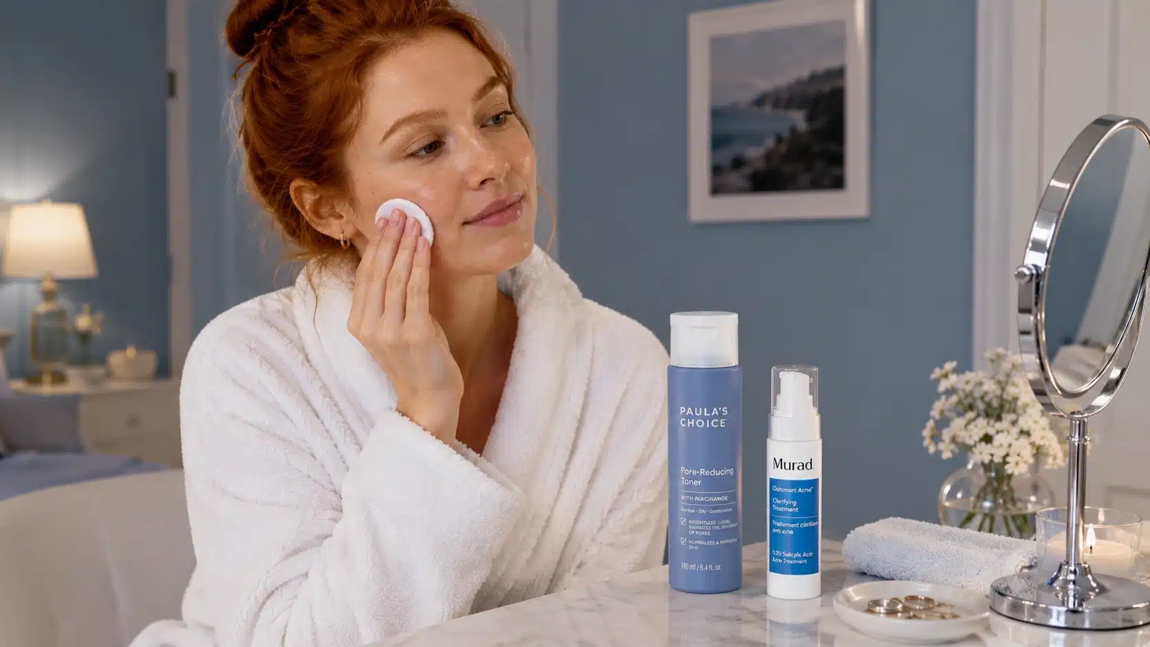 redhead woman applies toner beside paula’s choice toner and murad acne treatment in a soft blue bedroom skincare scene