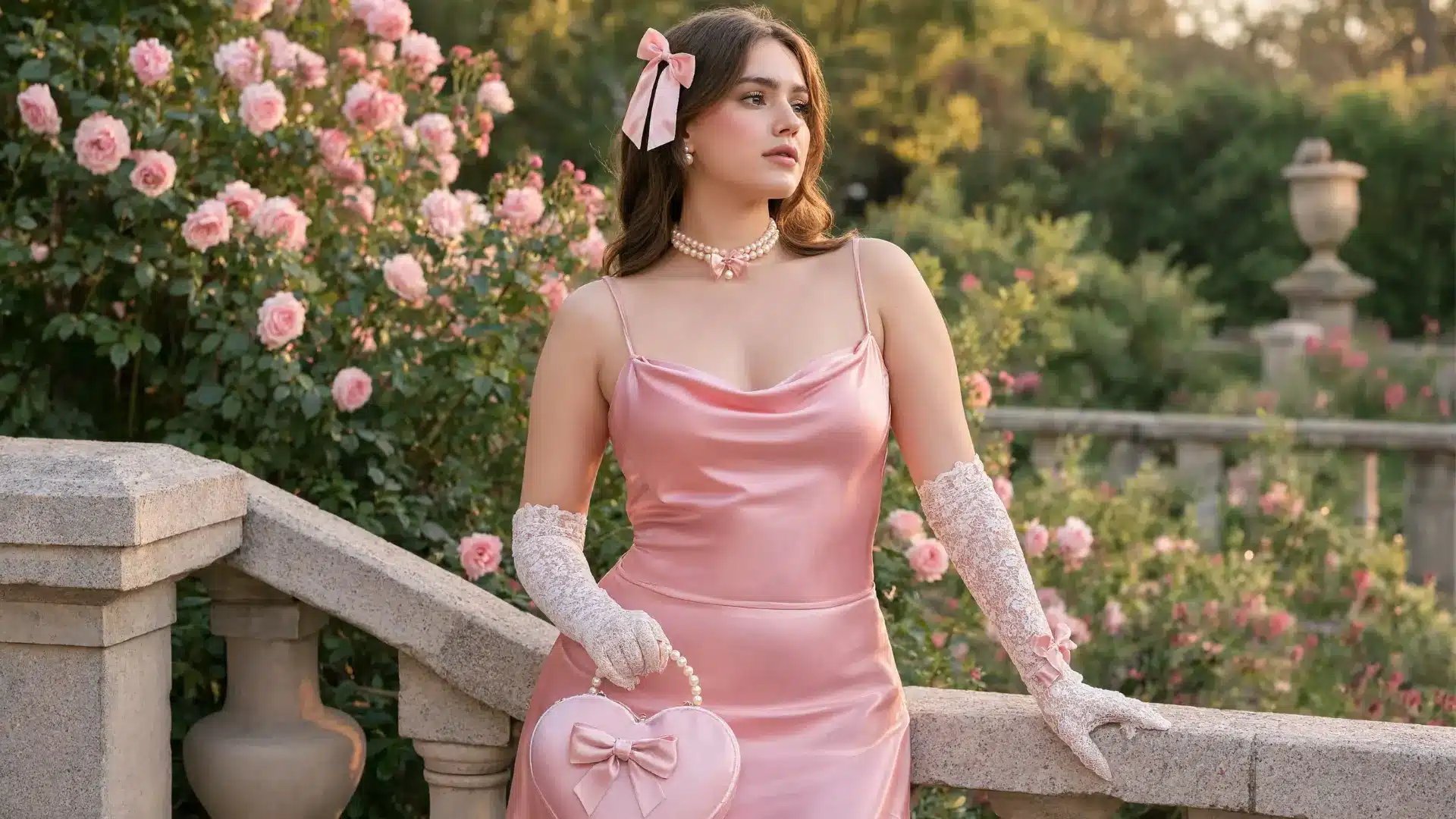 romantic coquette aesthetic outfit with satin dress, bow accessories, pearl choker, and floral background