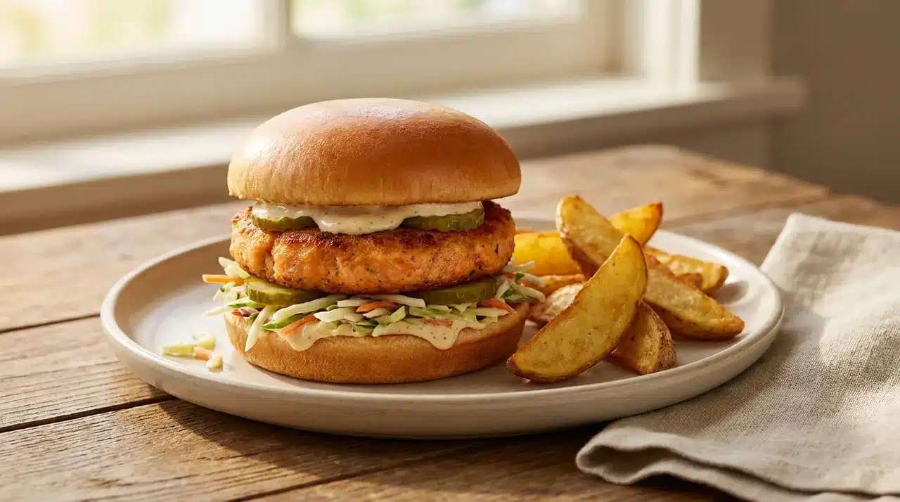 spicy salmon burger with cabbage slaw, creamy sauce, cucumber salad, sweet potato fries, and dipping sauce