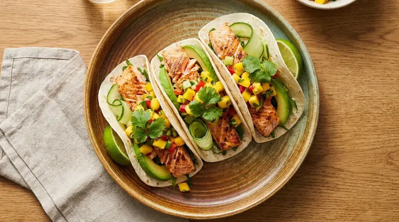 salmon tacos with mango salsa, avocado, cucumber ribbons, fresh cilantro, and lime wedges
