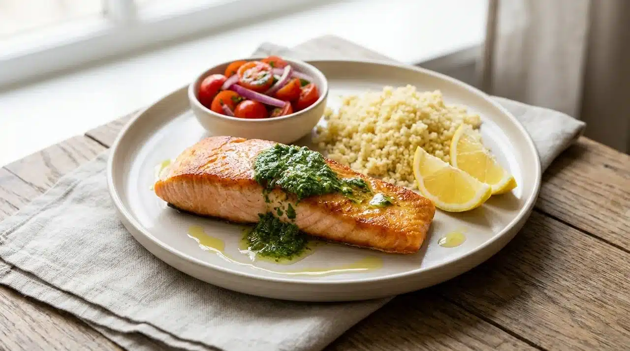 salmon with basil sauce, couscous, tomato salad, lemon wedges, and olive oil on a ceramic plate