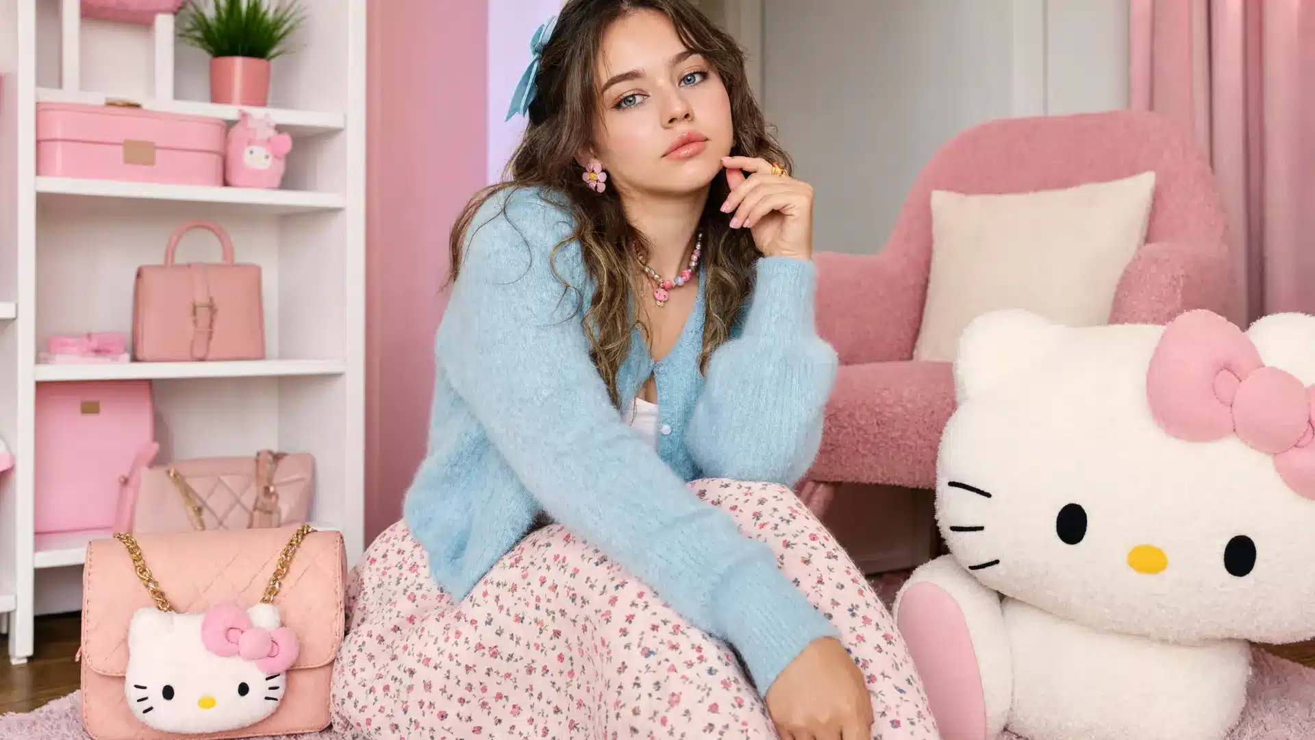 sanriocore outfit with character-inspired accessories, pastel clothing, and toy-like cute aesthetic