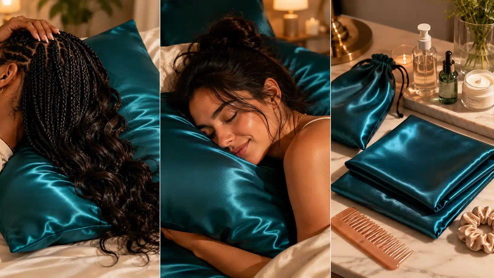 satin pillowcase benefits for hair skin and simple beauty routine shown in a realistic split layout