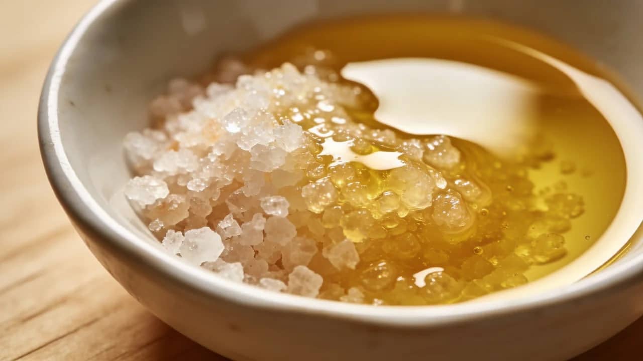 sea salt and olive oil mixed in a bowl for exfoliating rough body skin