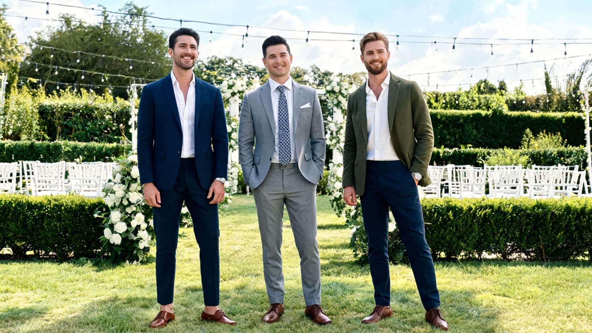 semi formal wedding guest outfits for men with suits blazers loafers and clean polished details