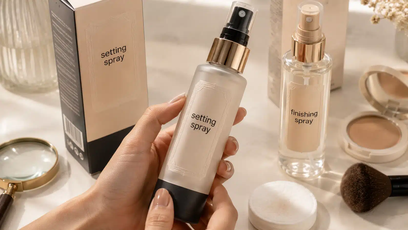setting spray product on a vanity with powder and blotting paper for longer makeup wear