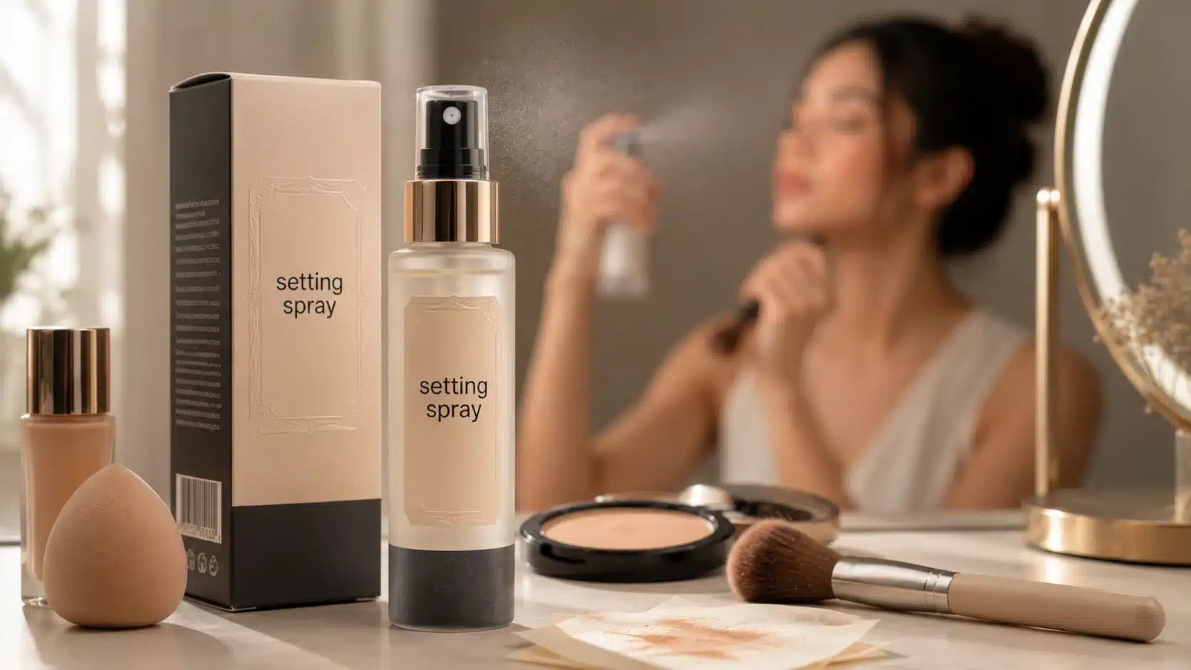 setting spray product on a vanity with powder and blotting paper for longer makeup wear (1)