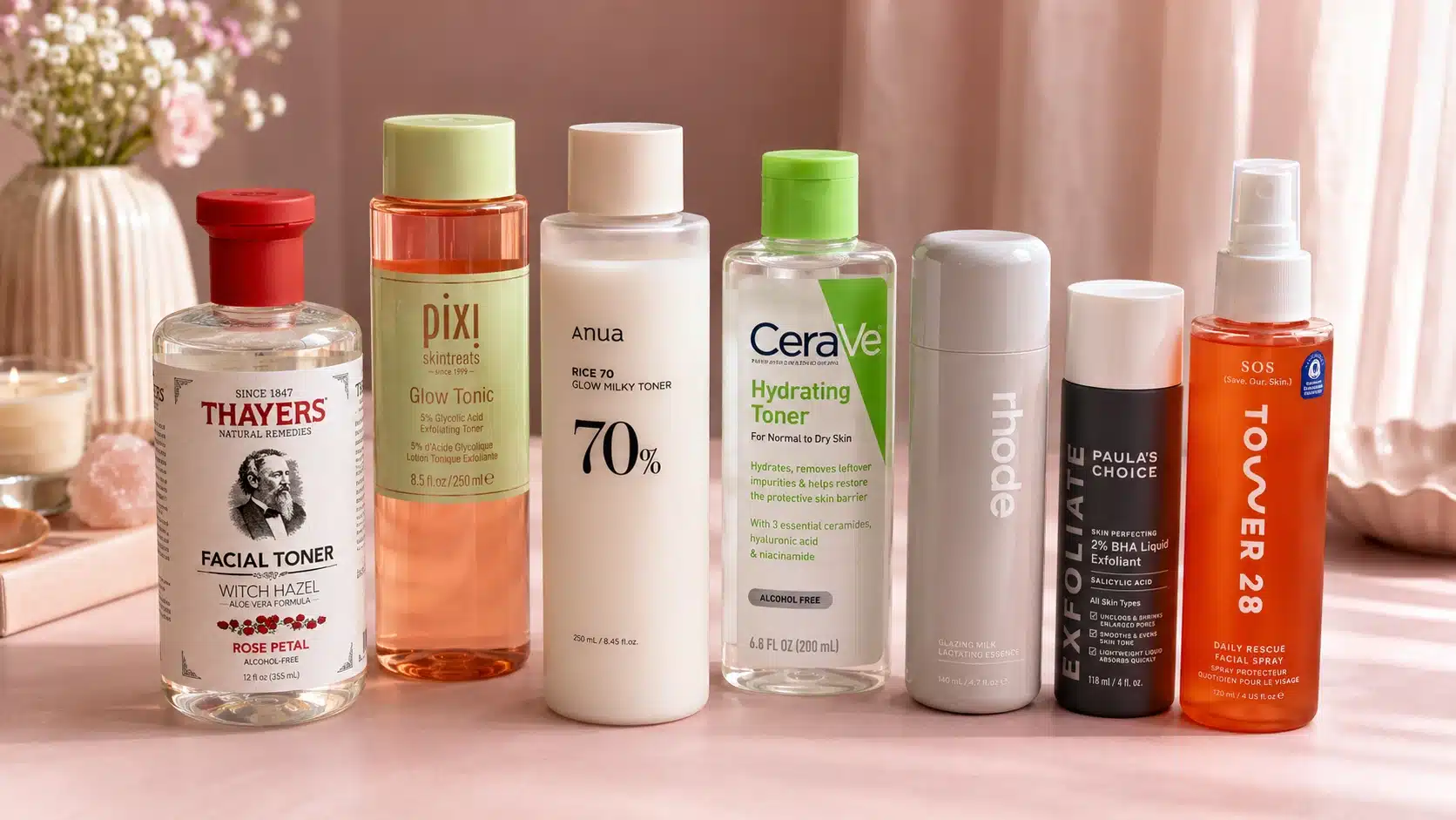 seven popular skincare toners displayed on a pastel pink table with soft curtains, soft lighting, and clean background