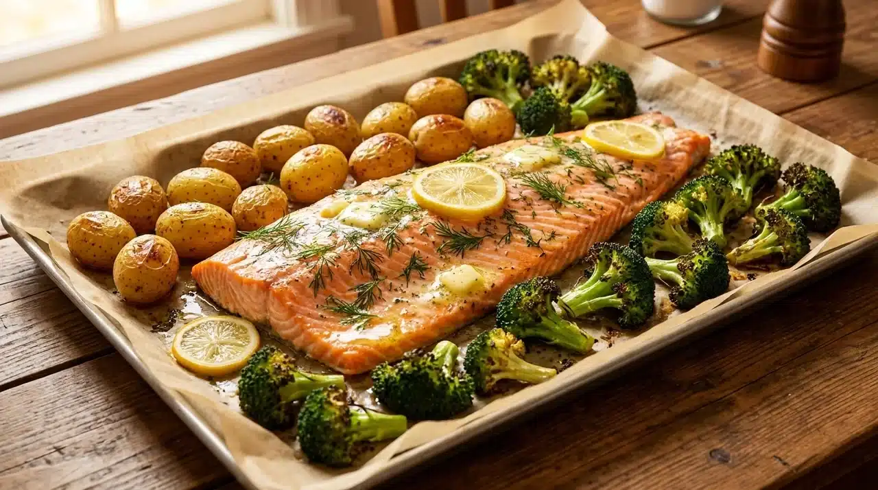 sheet pan salmon with roasted baby potatoes, broccoli, lemon slices, dill, and melted butter