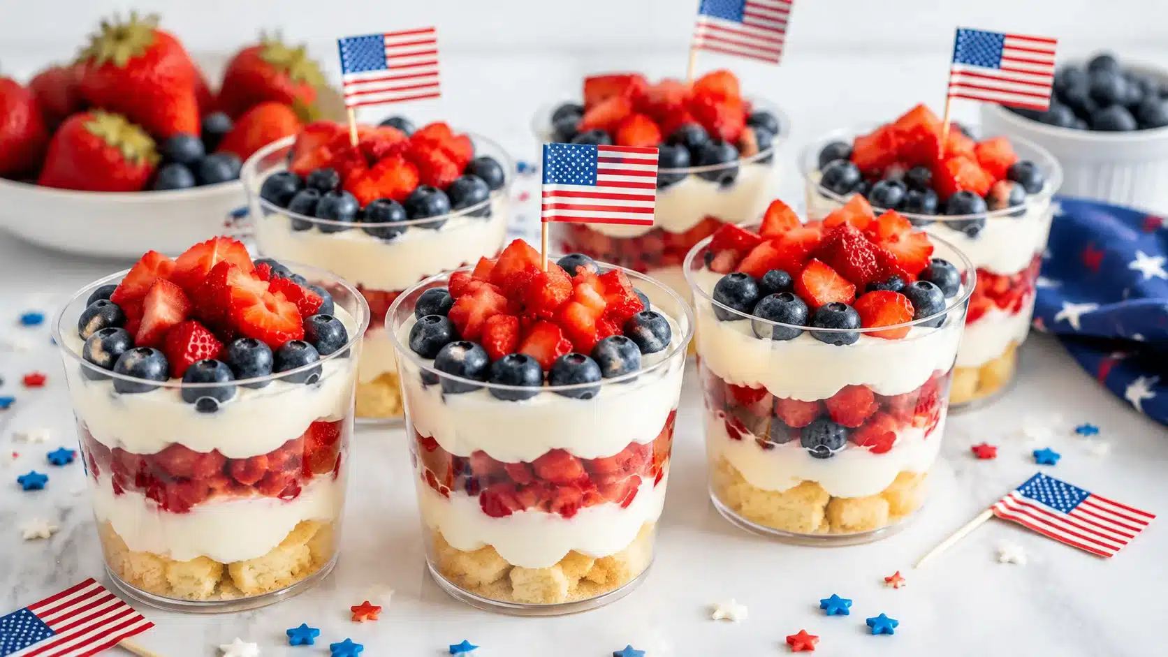 Shortcake cups are layered red, white, and blue desserts that combine cake, cream, and fruit for a balanced texture