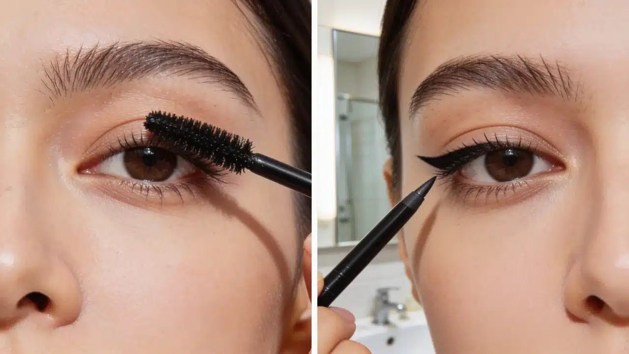 side by side comparison of mascara on lashes and eyeliner on the lash line