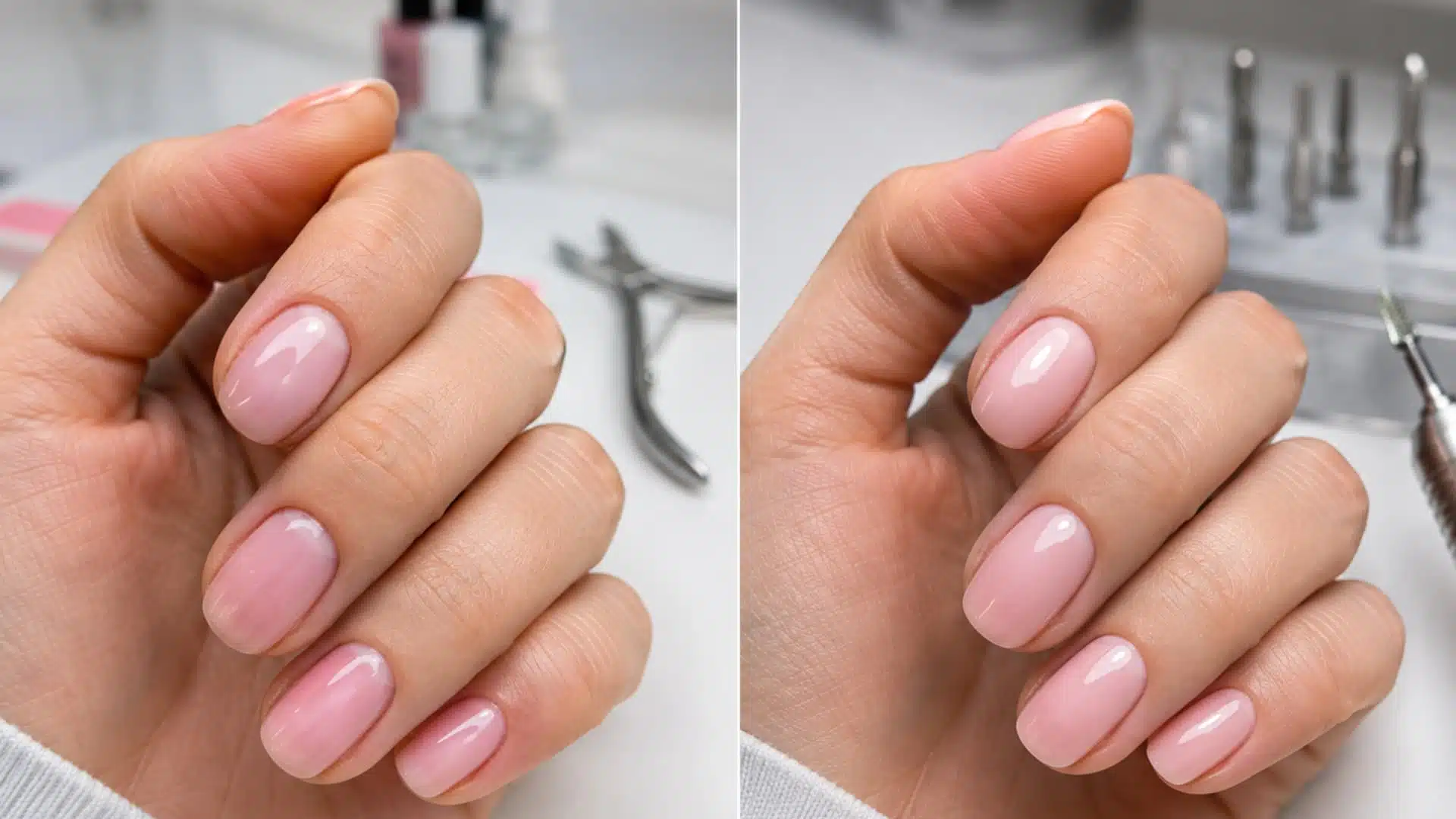 side-by-side view of regular and russian manicure showing a softer finish and a cleaner cuticle look