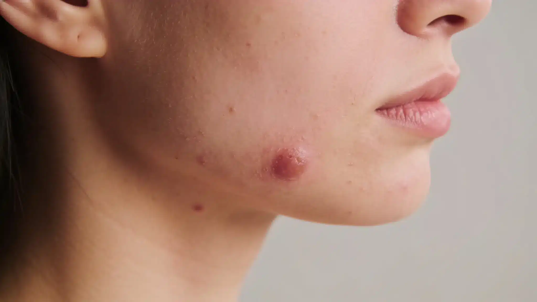 side profile of jawline showing painful cystic acne bump under skin with redness and swelling on natural skin texture close-up