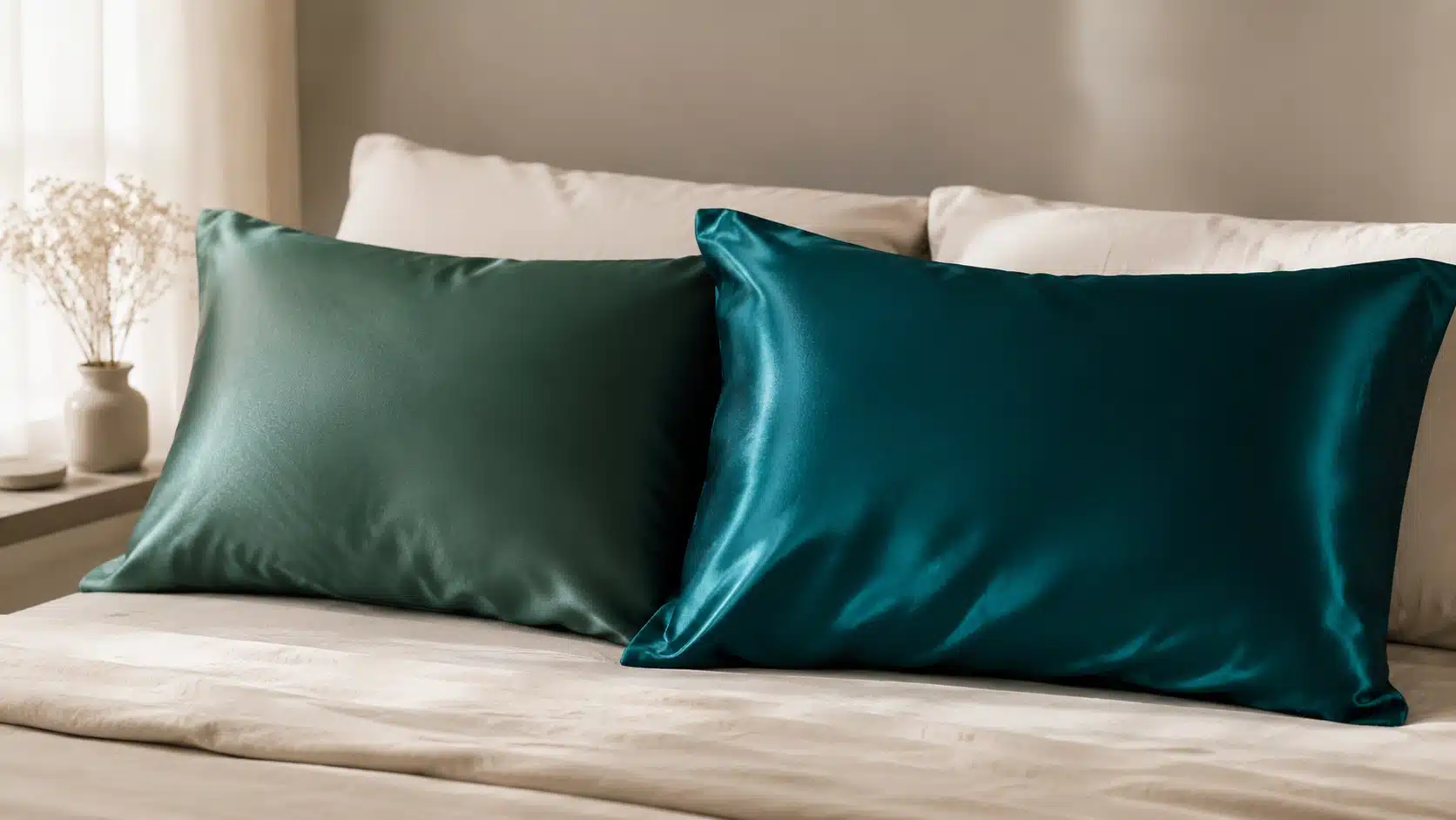 silk and satin pillowcases on neutral bedding showing soft fabric folds and different light reflection