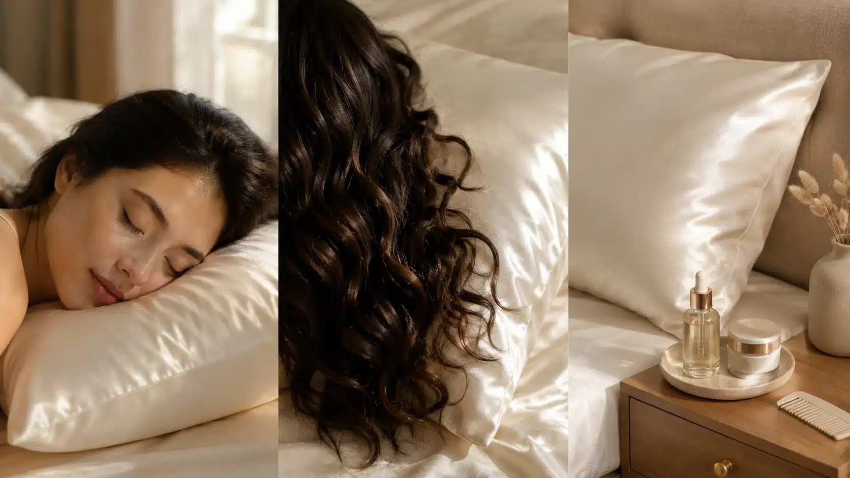 silk pillowcase benefits for skin hair and nighttime beauty routine shown in a realistic split layout