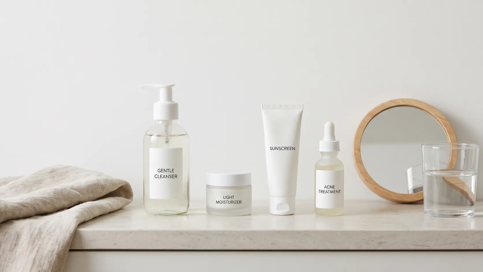 simple routine for dry acne prone skin with cleanser moisturizer sunscreen and one acne treatment