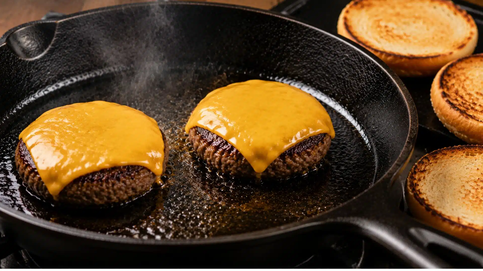 smash style double beef patties with melted cheese cooking in cast iron skillet with toasted buns on side and steam rising close up food cooking scene