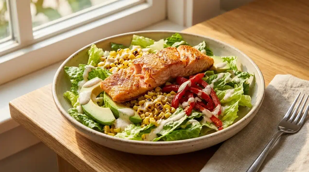 smoky ranch salmon salad with romaine, avocado, corn, roasted peppers, and creamy dressing