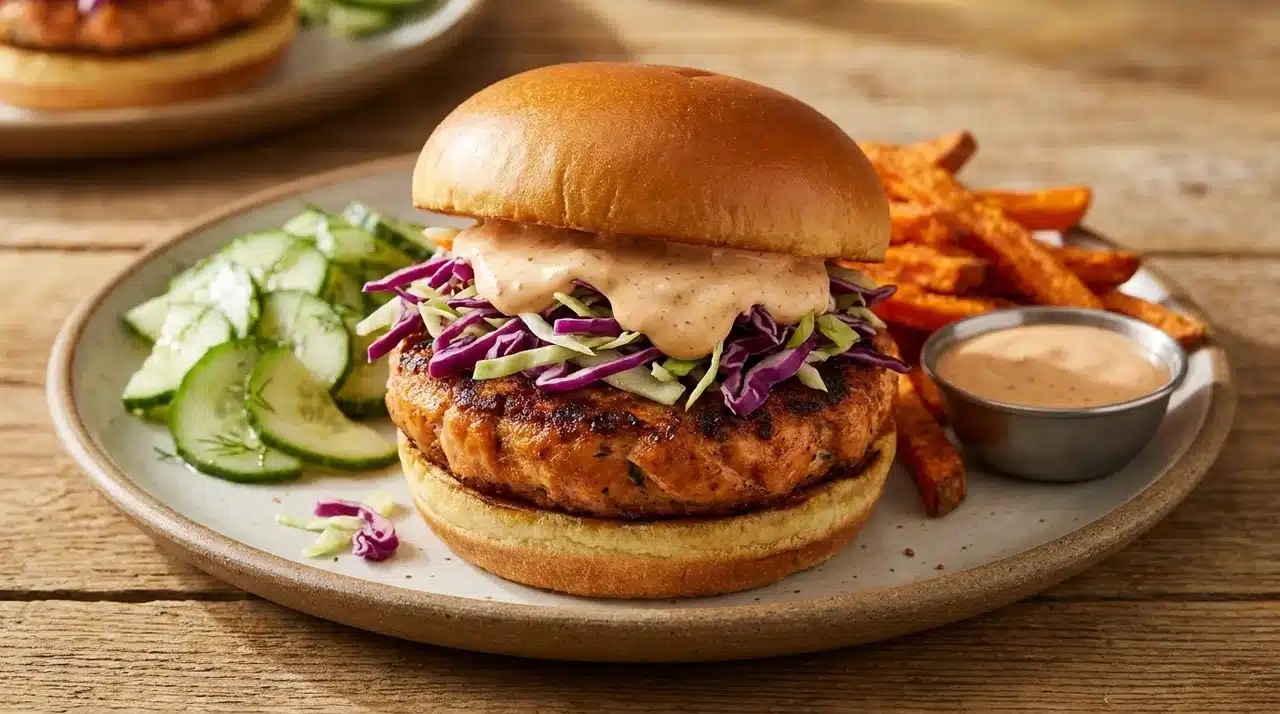 spicy salmon burger with cabbage slaw, creamy sauce, cucumber salad, sweet potato fries, and dipping sauce