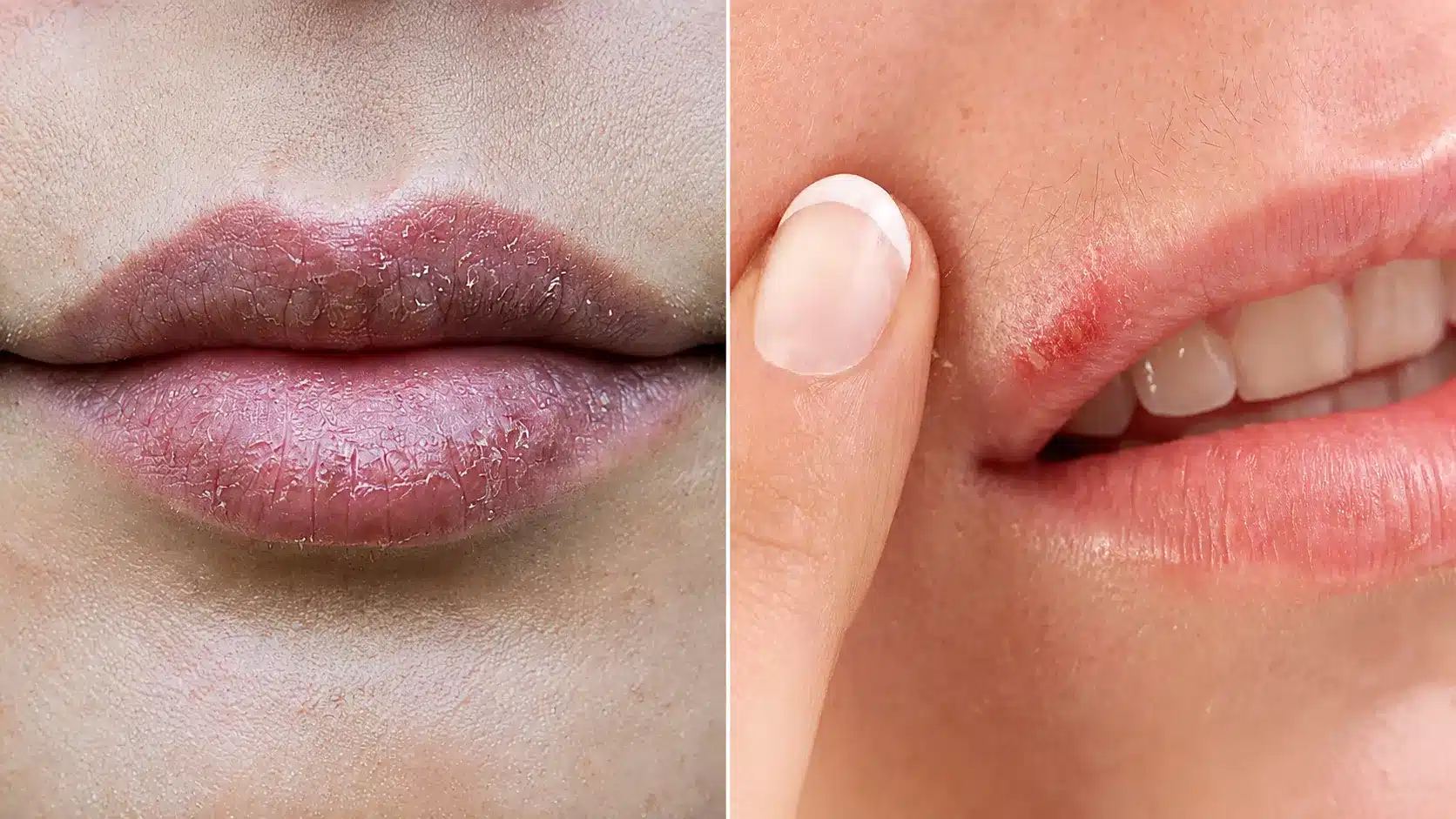 split image comparing chapped lips with dry cracks and a cold sore with small blisters near the mouth