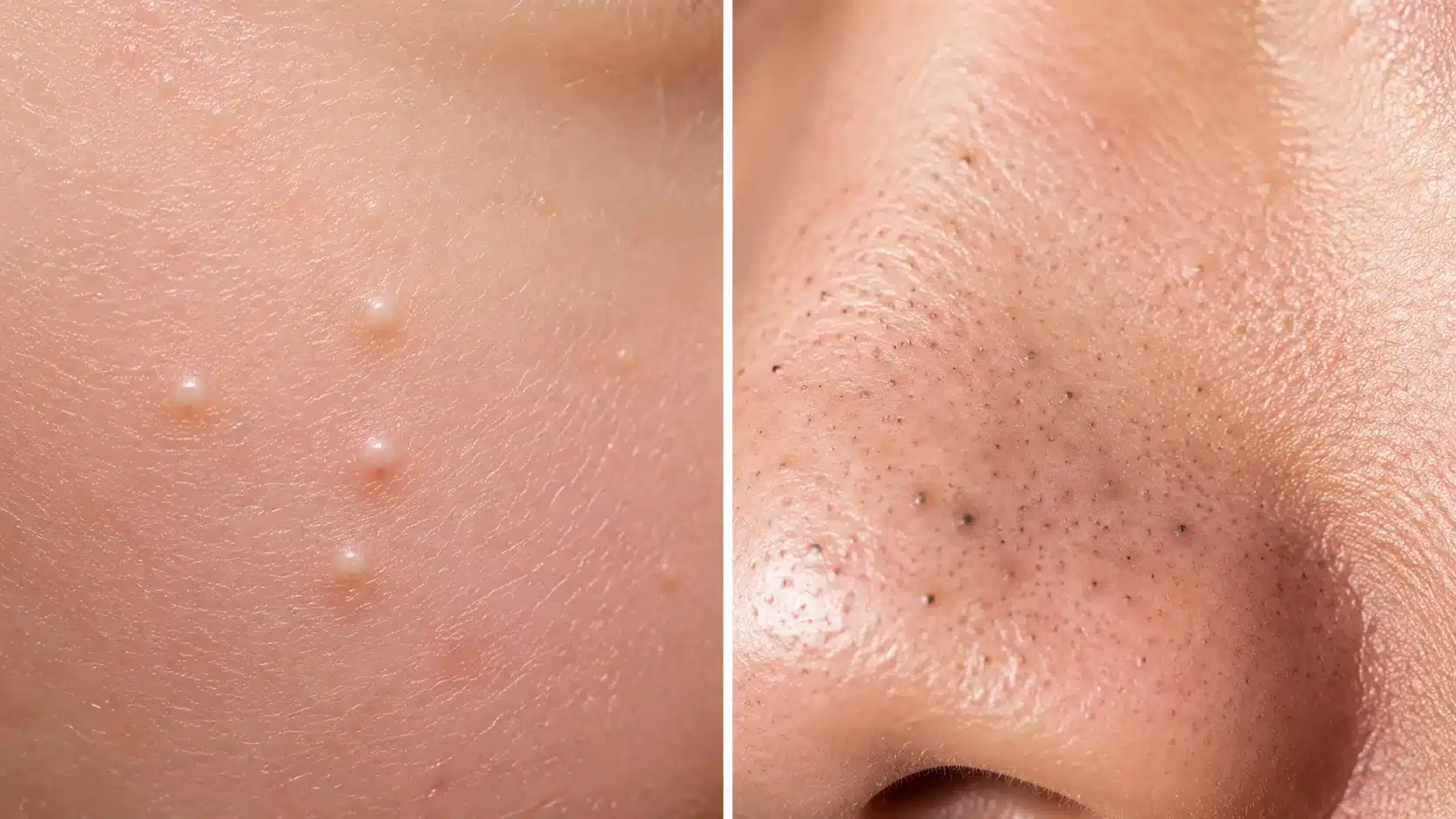 split close-up showing whiteheads vs blackheads with raised white bumps on one side and dark open pores on the other