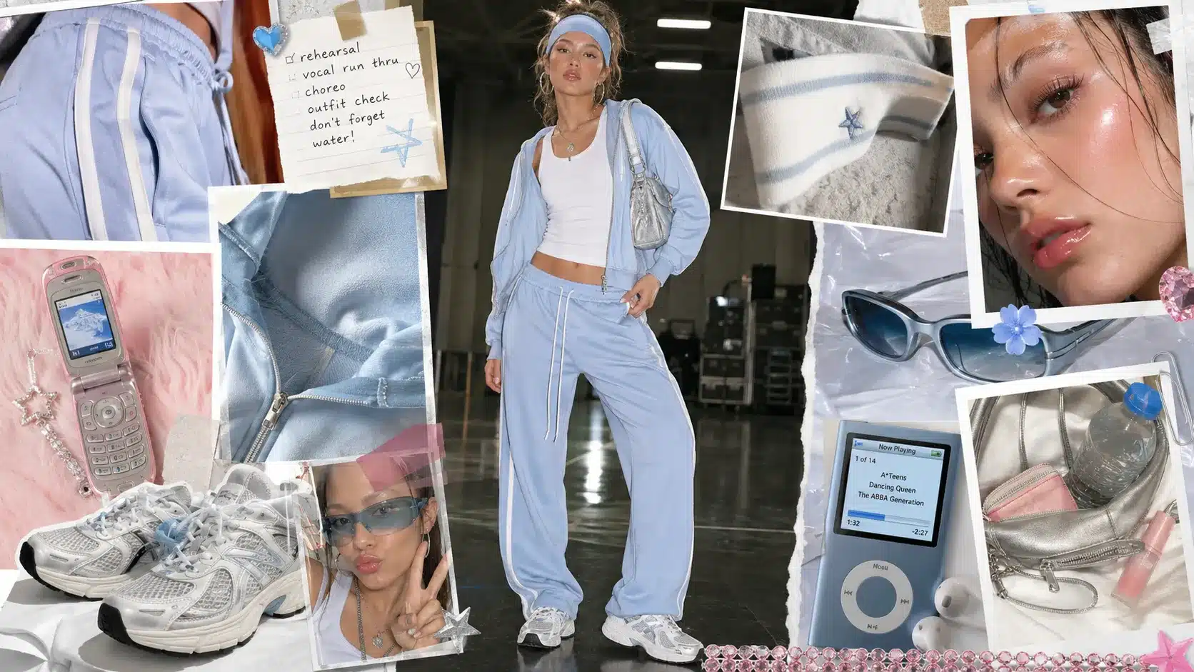 sporty y2k moodboard with model in blue tracksuit, sneakers, headband, flip phone, mp3 player, and glossy skin
