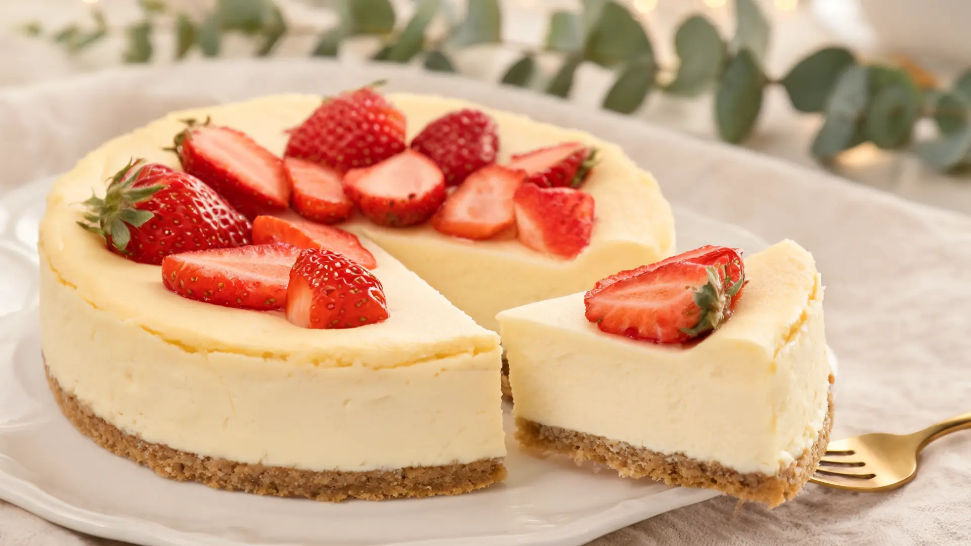 strawberry cheesecake cake topped with fresh strawberries and creamy laye