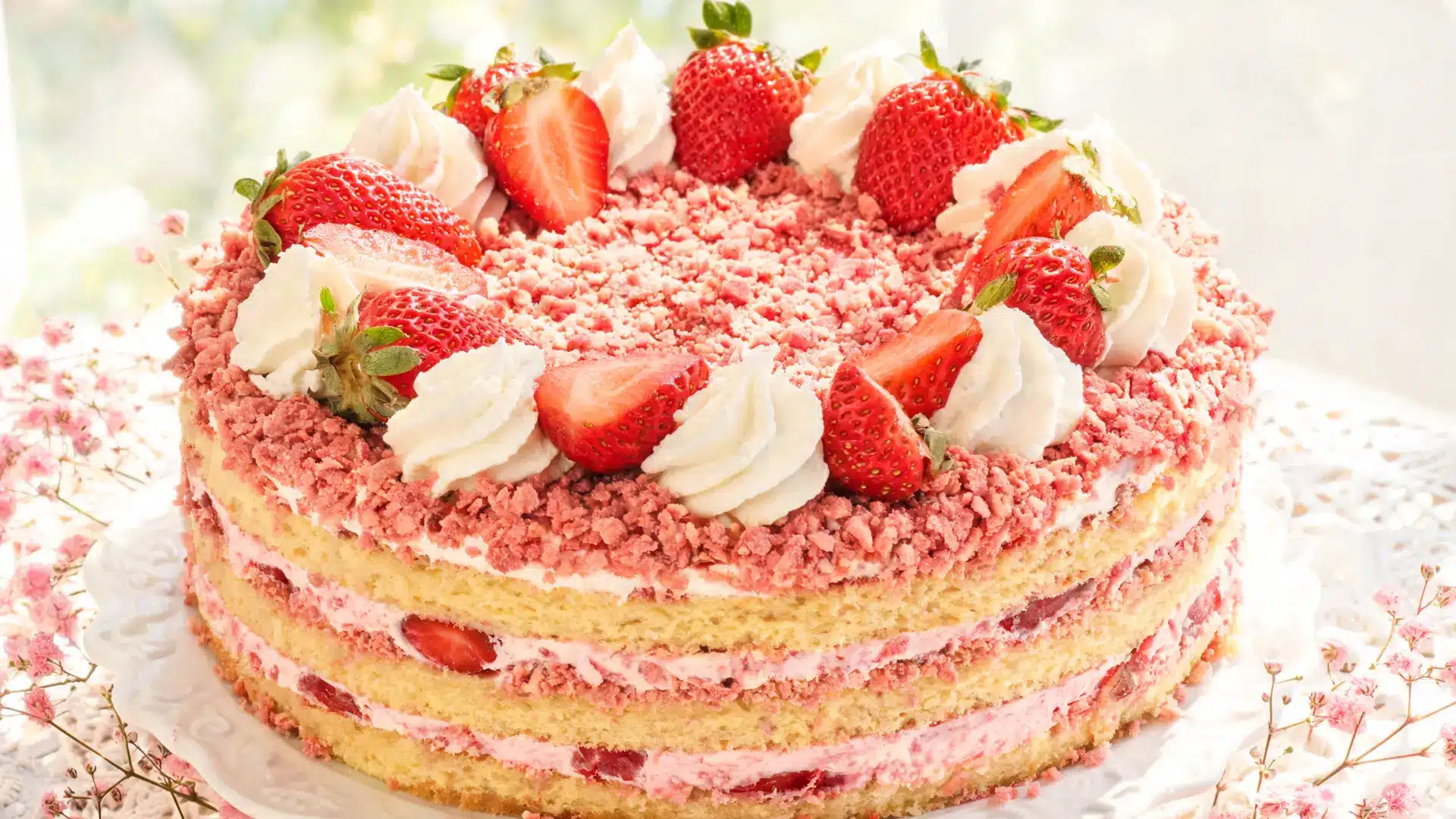 strawberry crunch cake with cookie crumble topping and whipped cream decoration