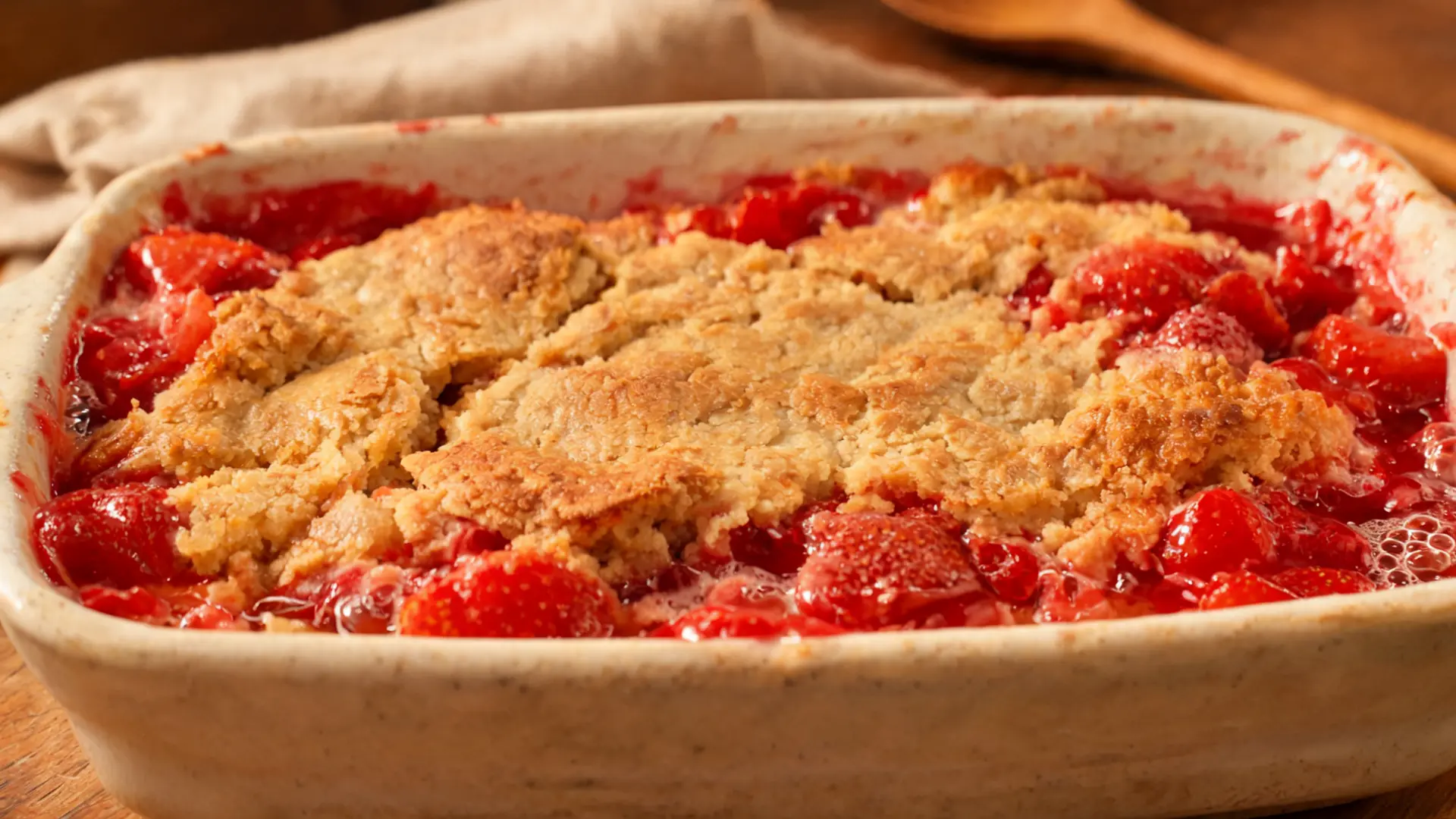 strawberry dump cake with golden topping and baked berry filling in dish