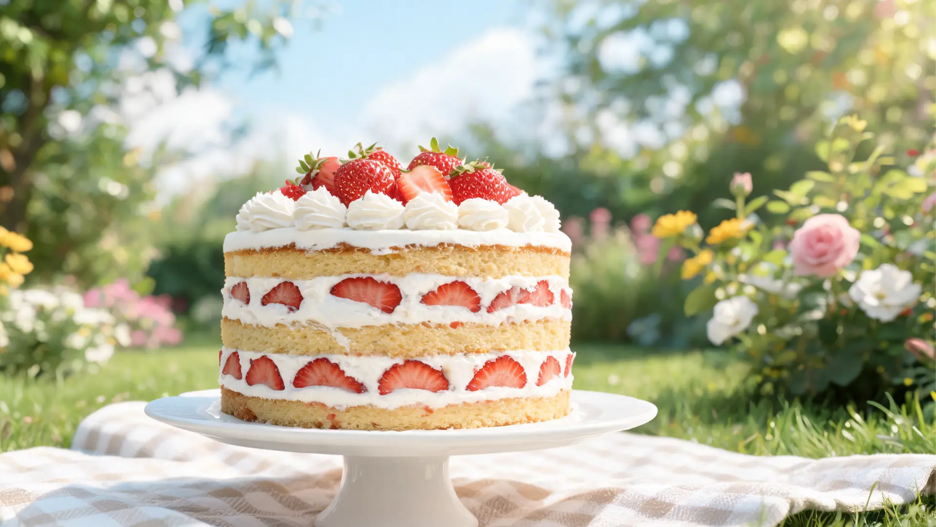 strawberry shortcake layer cake with whipped cream and fresh strawberries on cake stand