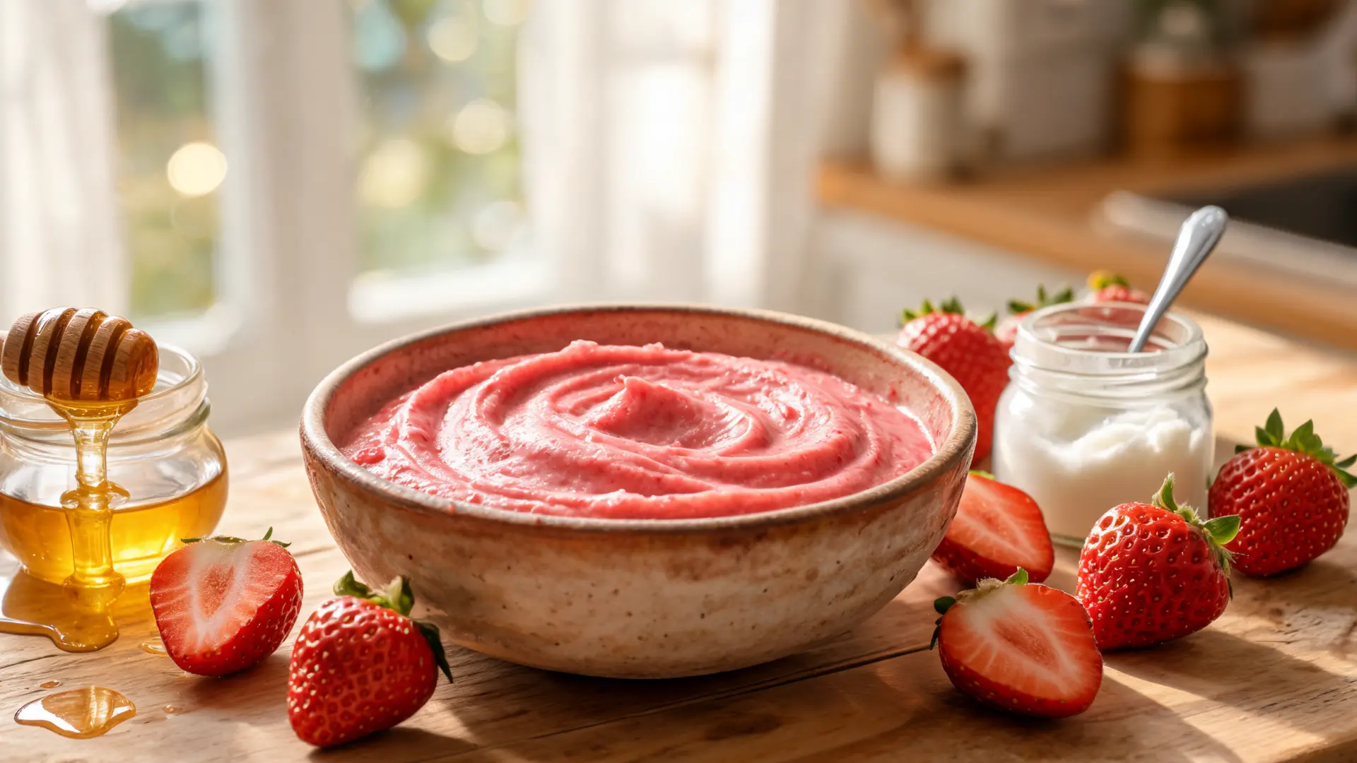 strawberry coconut oil honey bowl pink creamy texture fresh strawberries kitchen counter