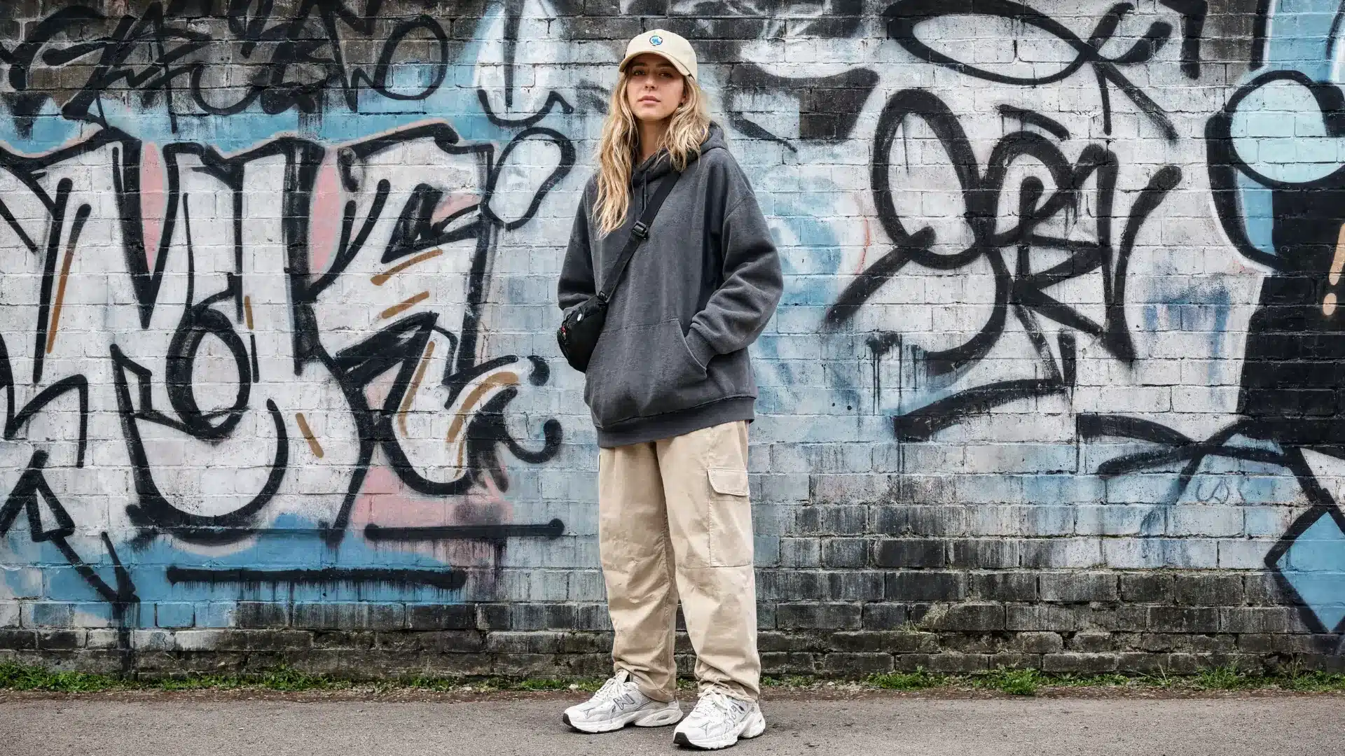 streetwear outfit with oversized hoodie, cargo pants, sneakers, and graffiti wall urban background