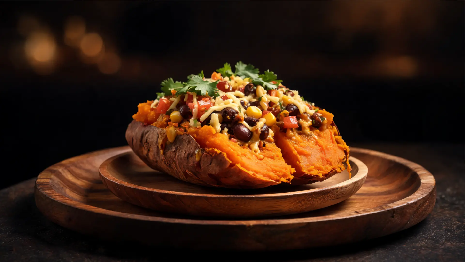 stuffed sweet potato topped with black beans corn cheese and cilantro on wooden plate rustic food