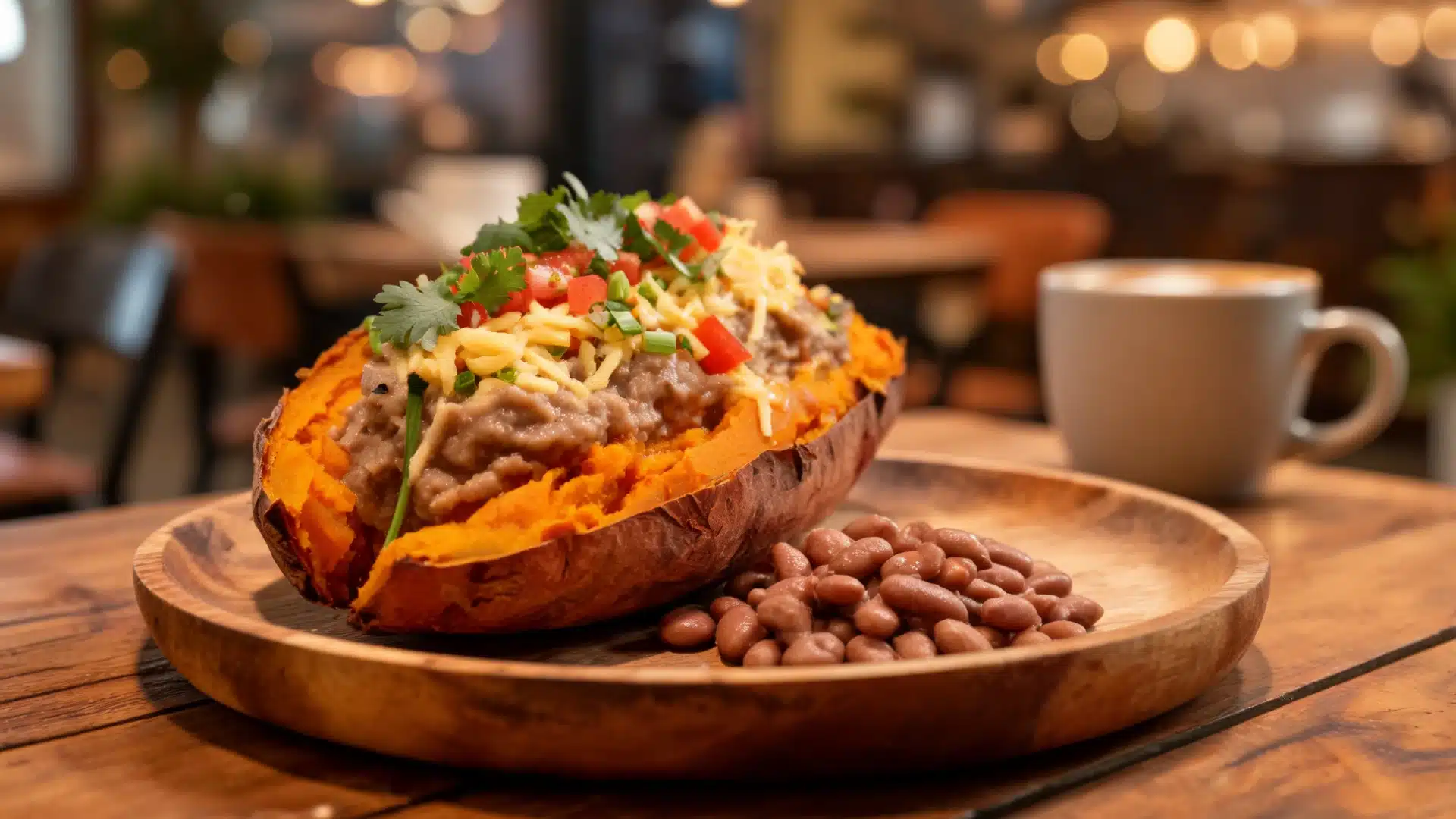 stuffed sweet potato with beans cheese and cilantro served on wooden plate with coffee cup background